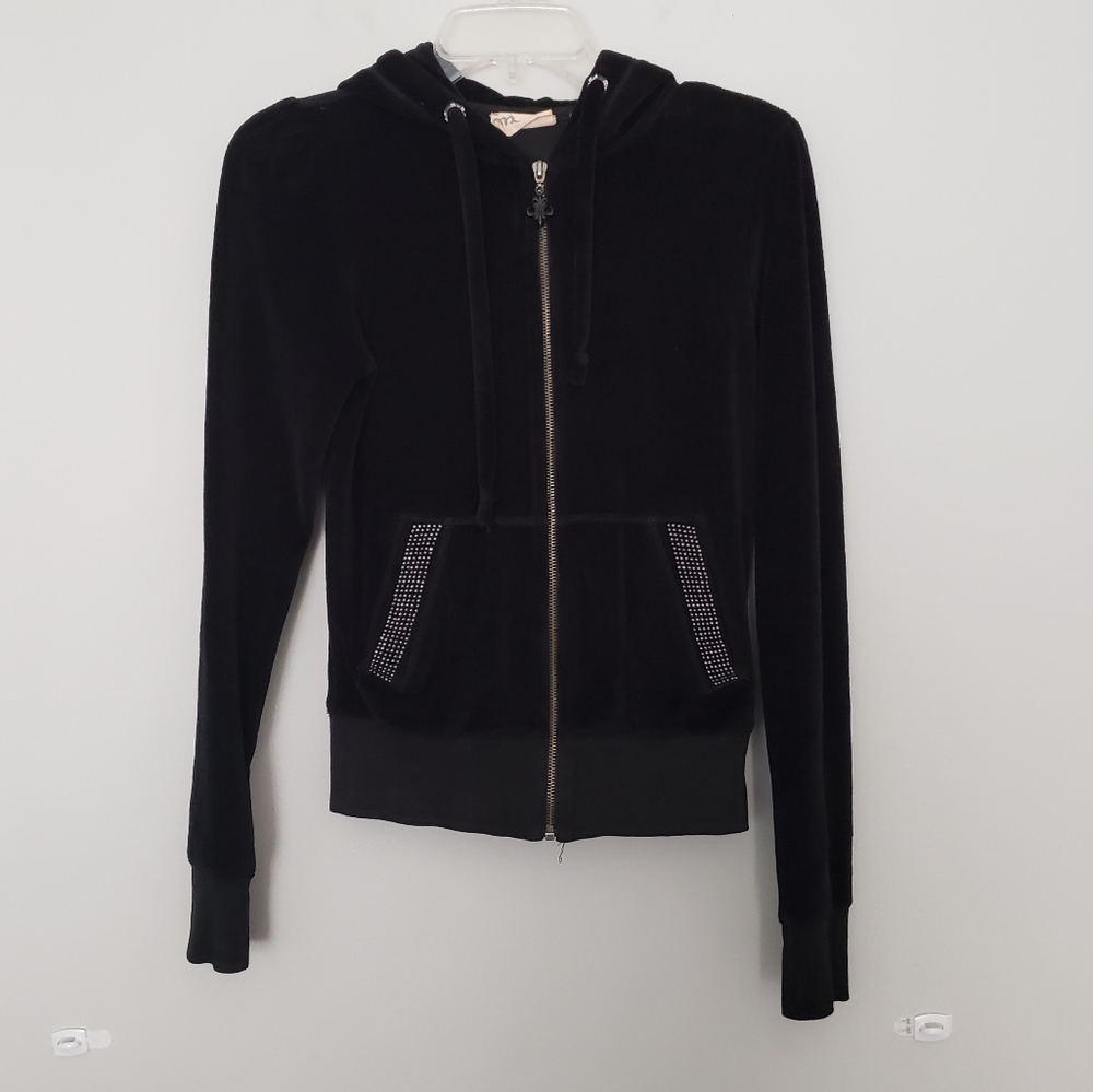 Miss Me Black Velour Studded Rhinestone Hoodie S
